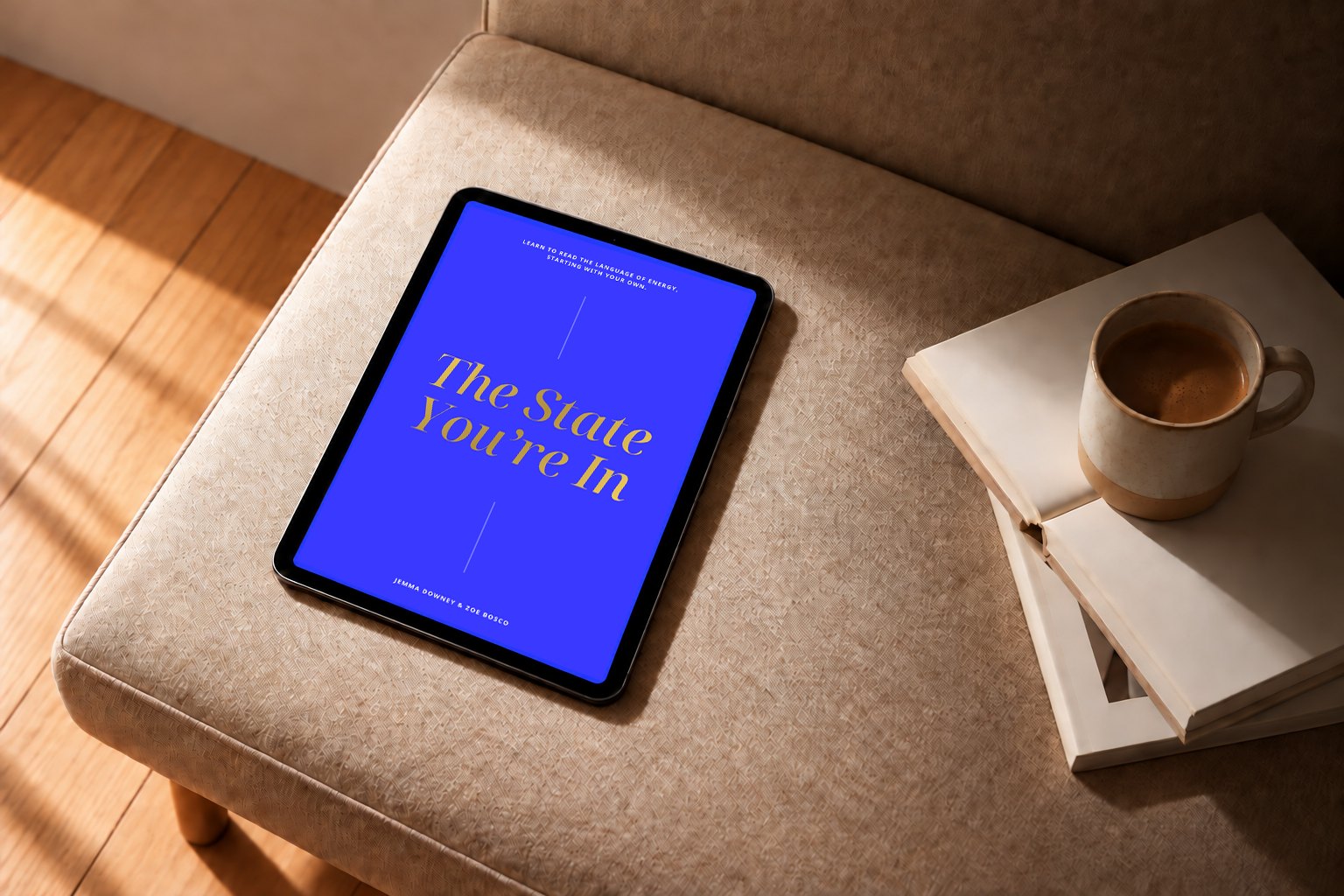 The State You're In open on an iPad, on a linen chair beside a coffee